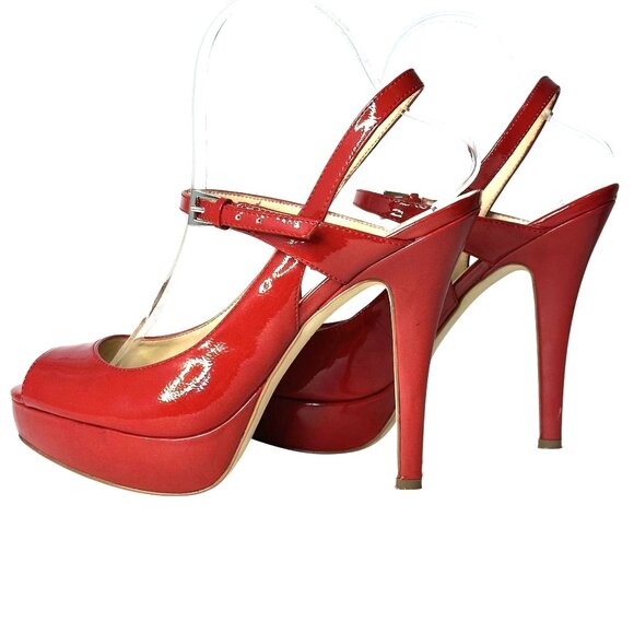 Red Patent Leather Women's Platform Heels With Peep Toe & Buckle Strap Shoes 9 - Picture 2 of 7